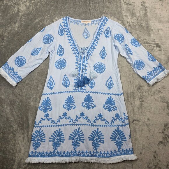 Pranella Aggie Dress Womens Small Blue Embroidered Fringe Boho Beach Cover Up - Picture 1 of 10